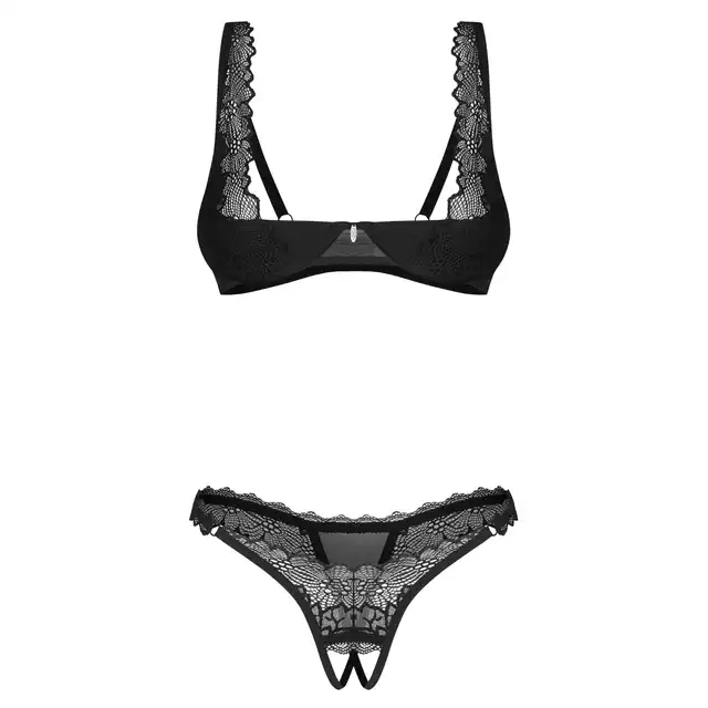 Obsessive - Deina More 2-Pcs Crotchless Set L/XL - Klasyczny komplet z delikatną koronką i otwartym krojem w lekkim, zmysłowym wydaniu.
