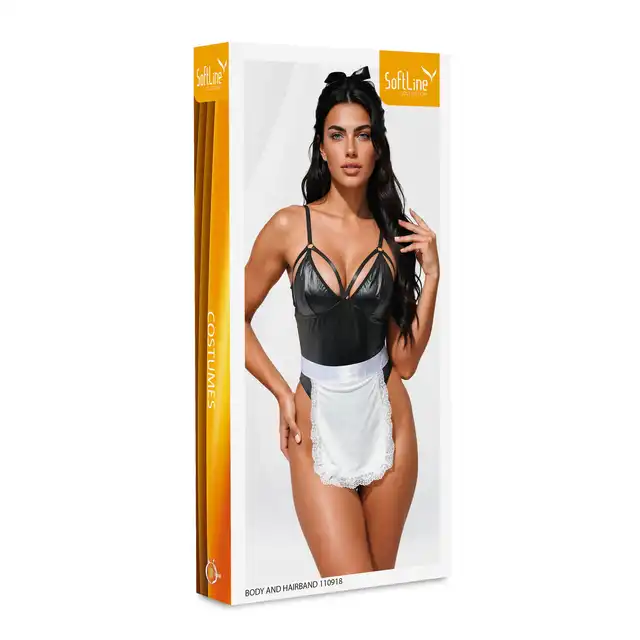 Softline - Body and Hairband 110918 Black S/M. Seksowny kostium pokojówki wetlook z opaską na włosy w kolorze czarnym.