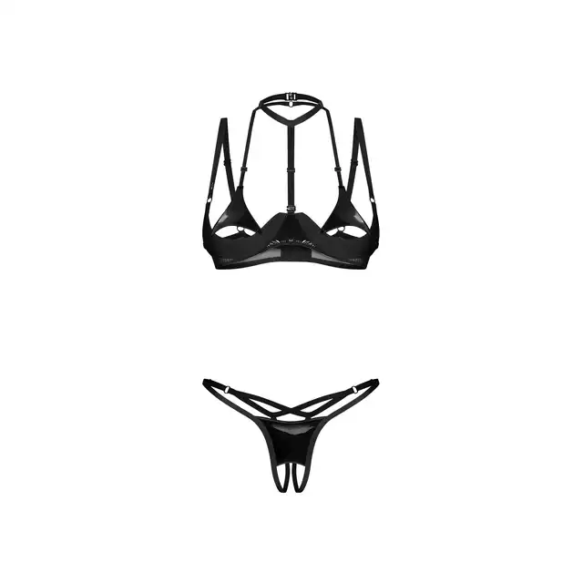 Obsessive - Rolleya 2-Pcs Crotchless Set L/XL - 2-częściowy komplet o niesamowicie oryginalnym i otwartym kroju. Siateczka i imitacja latexu w jednym.