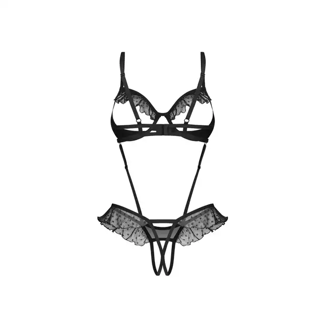 Obsessive - Carrola Crotchless Teddy L/XL - Seksowne otwarte body z uroczymi falbankami. Niesamowicie podkreśla figurę!