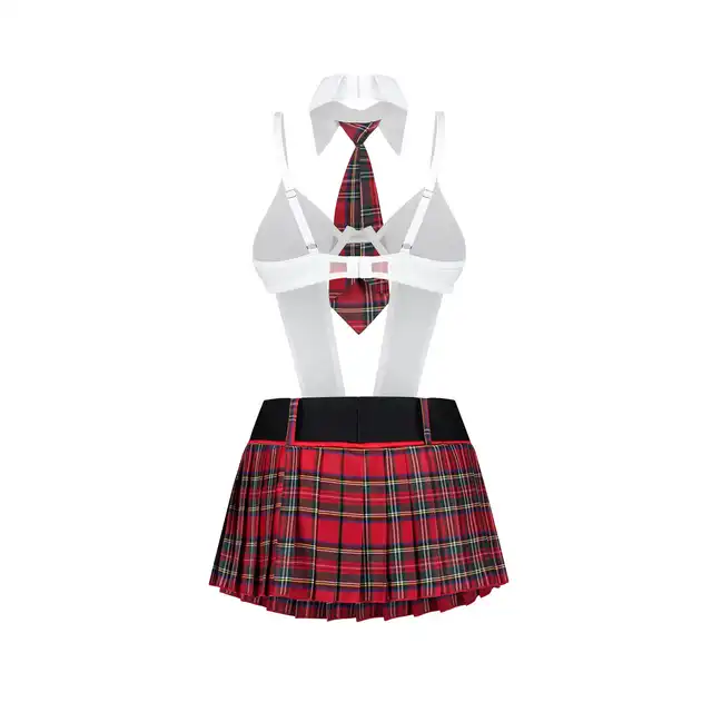 Obsessive – College Girl L/XL. Odważny strój uczennicy z prześwitującym body i czerwoną spódniczką w kratkę. 