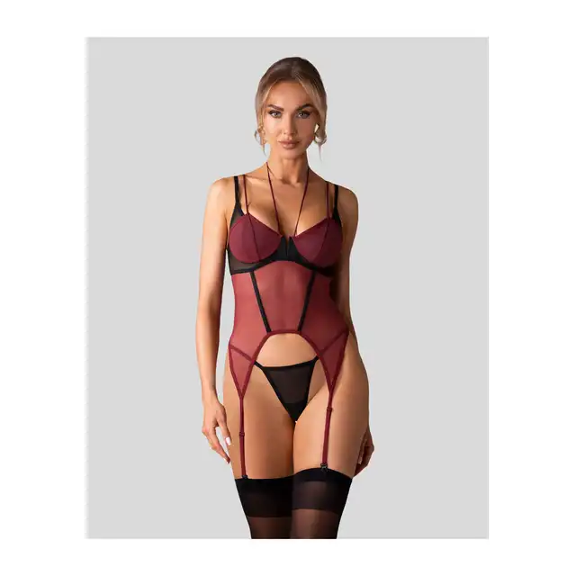 Obsessive - Parisel Corset L/XL - Wyjątkowy czarno-bordowy gorset o dopasowanym fasonie. Model z fiszbinami.