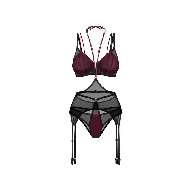 Obsessive - Parisel 3-Pcs Set L/XL - 3-częściowy komplet bielizny - warstwowe miseczki, transparentny pas do pończoch i eleganckie bordo w nowoczesnym wydaniu.