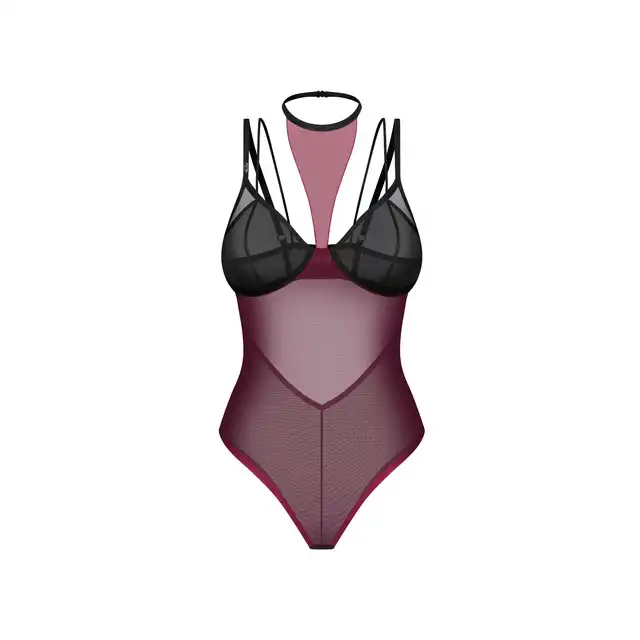 Obsessive - Parisel Teddy L/XL - Czarno-bordowe body z chokerem i odkrytymi pośladkami. Niepowtarzalny i nowoczesny model. 