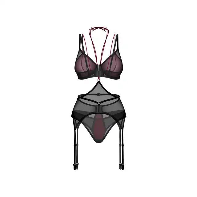 Obsessive - Parisel 3-Pcs Set L/XL - 3-częściowy komplet bielizny - warstwowe miseczki, transparentny pas do pończoch i eleganckie bordo w nowoczesnym wydaniu.