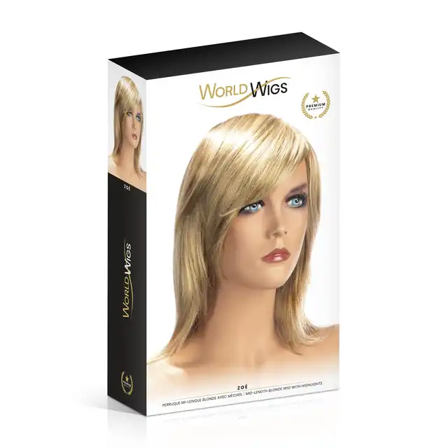 World Wigs - Zoe blond peruka z pasemkami. Średniej długości proste włosy z grzywką.