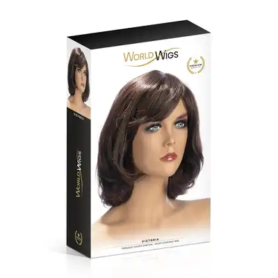 World Wigs - Victoria kasztanowa średniej długości perka. Falowane włosy z grzywką. 