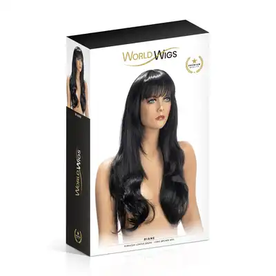 World Wigs - Diane ciemno brązowa peruka. Długie falowane włosy z grzywką. 