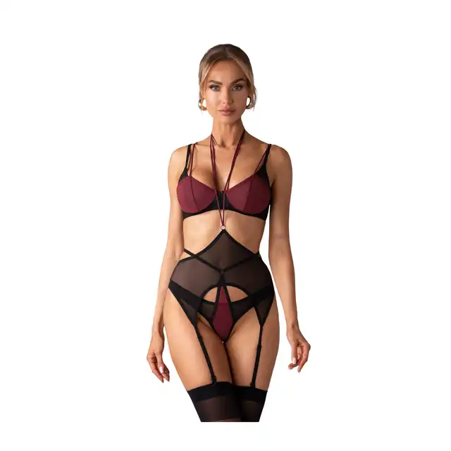 Obsessive - Parisel 3-Pcs Set L/XL - 3-częściowy komplet bielizny - warstwowe miseczki, transparentny pas do pończoch i eleganckie bordo w nowoczesnym wydaniu.