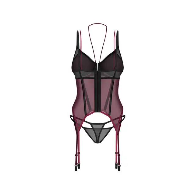 Obsessive - Parisel Corset L/XL - Wyjątkowy czarno-bordowy gorset o dopasowanym fasonie. Model z fiszbinami.