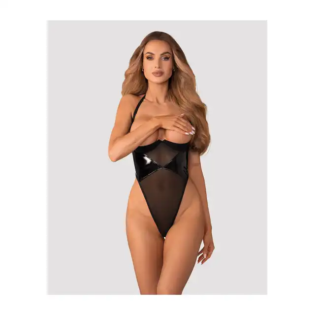 Obsessive - Rolleya Crotchless Teddy L/XL - Body z otwartymi, usztywnianymi miseczkami i otwartym krokiem z pięknym wykończeniem imitującym skórę.