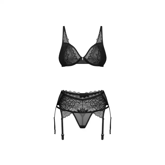 Obsessive - Deina More 3 Pcs Set L/XL - Zestaw 3-częściowy łączący koronkę z półtransparentną siateczką. Klasyczne wydanie w nowej odsłonie.