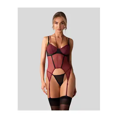 Obsessive - Parisel Corset L/XL - Wyjątkowy czarno-bordowy gorset o dopasowanym fasonie. Model z fiszbinami.