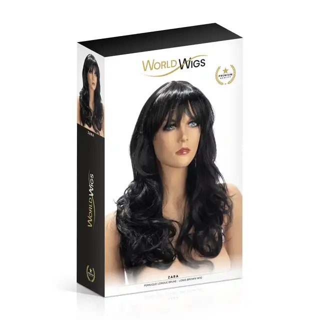 World Wigs - Zara ciemno brązowa peruka. Długie  falowane włosy z grzywką. 