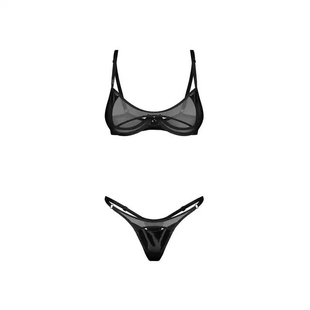 Obsessive - Rolleya 2-Pcs Set L/XL - 2-częściowy komplet z imitacją latexu i prześwitującymi elementami. Konstrukcja z fiszbinami efektywnie podkreślająca biust.