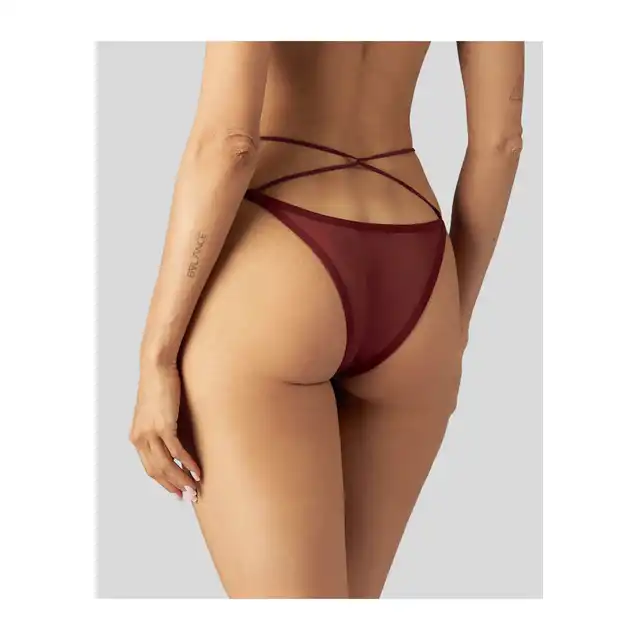 Obsessive - Parisel Mini Panties L/XL - Figi podkreślające atuty. Głęboki burgund, transparentny mesh i paseczki, które efektownie podkreślają biodra.