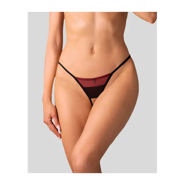 Obsessive - Parisel Crotchless Thong L/XL - Zmysłowe stringi typu crotchless, które łączą głęboki bordowy kolor z kontrastującymi czarnymi detalami.