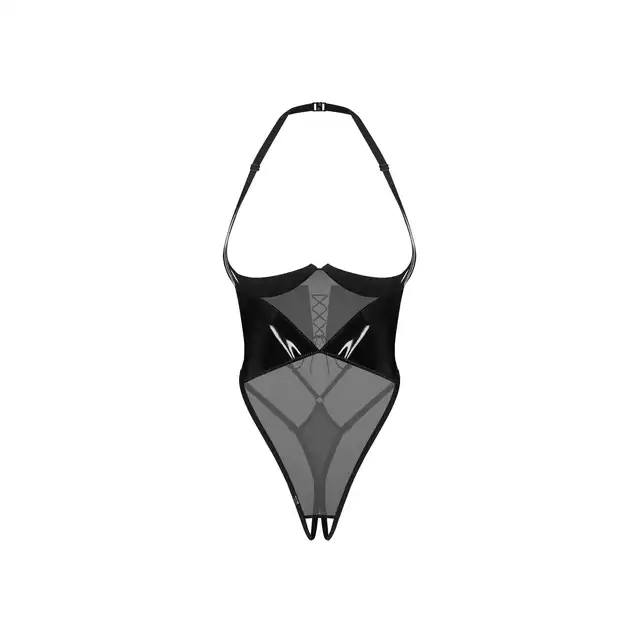 Obsessive - Rolleya Crotchless Teddy L/XL - Body z otwartymi, usztywnianymi miseczkami i otwartym krokiem z pięknym wykończeniem imitującym skórę.