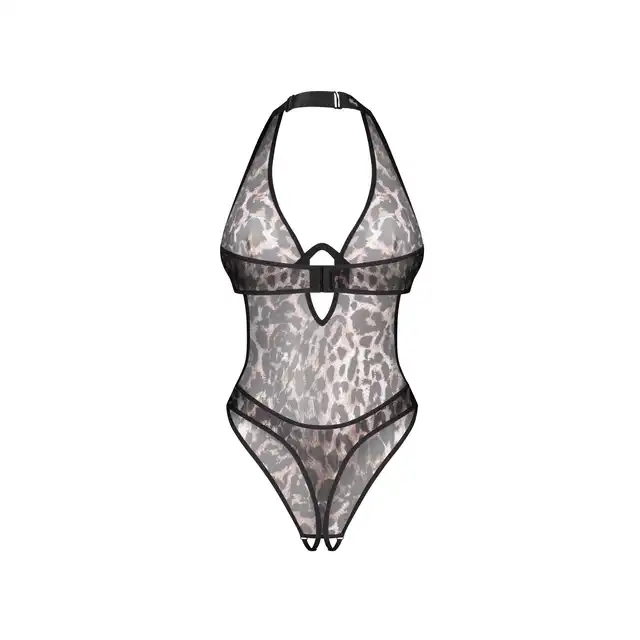 Obsessive - Addia Crotchless Teddy S/M - Otwarte body usztywniane fiszbinami w ultraseksowny wzór w panterkę.
