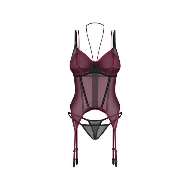 Obsessive - Parisel Corset L/XL - Wyjątkowy czarno-bordowy gorset o dopasowanym fasonie. Model z fiszbinami.