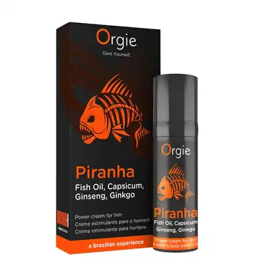 Orgie Piranha Power Cream 15 ml - Rozgrzewający krem stymulujący - formuła z olejem rybim oraz ekstraktami z żeń-szenia, miłorzębu japońskiego i papryczki dla intensywniejszych odczuć.