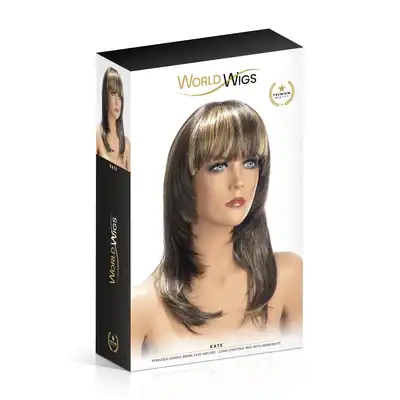 World Wigs - Kate ciemno brązowa peruka z pasekami. Długie proste włosy z grzywką. 