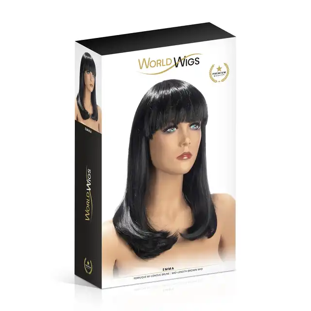 World Wigs - Emma ciemno brązowa peruka. Średniej długości proste włosy z grzywką.