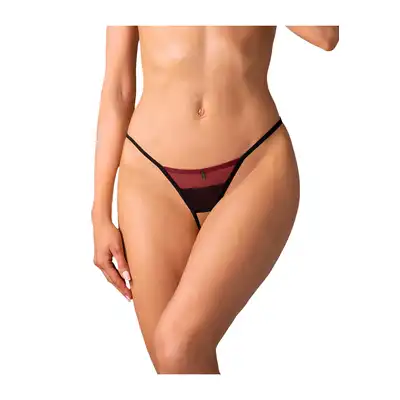 Obsessive - Parisel Crotchless Thong L/XL - Zmysłowe stringi typu crotchless, które łączą głęboki bordowy kolor z kontrastującymi czarnymi detalami.