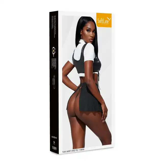 Softline - Schoolgirl 110899 Black &amp; White S/M. Seksowny kostium uczennicy z krótkim topem, plisowaną mini spódniczką i krawatem w czarno-białej kolorystyce.