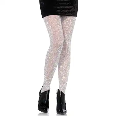 Leg Avenue - Shimmer Tights. Srebrne błyszczące rajstopy z brokatowym wykończeniem. 