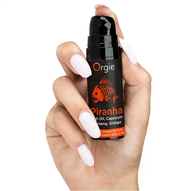 Orgie Piranha Power Cream 15 ml - Rozgrzewający krem stymulujący - formuła z olejem rybim oraz ekstraktami z żeń-szenia, miłorzębu japońskiego i papryczki dla intensywniejszych odczuć.