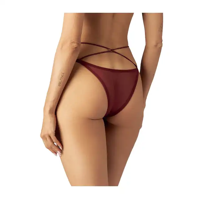 Obsessive - Parisel Mini Panties S/M - Figi podkreślające atuty. Głęboki burgund, transparentny mesh i paseczki, które efektownie podkreślają biodra.
