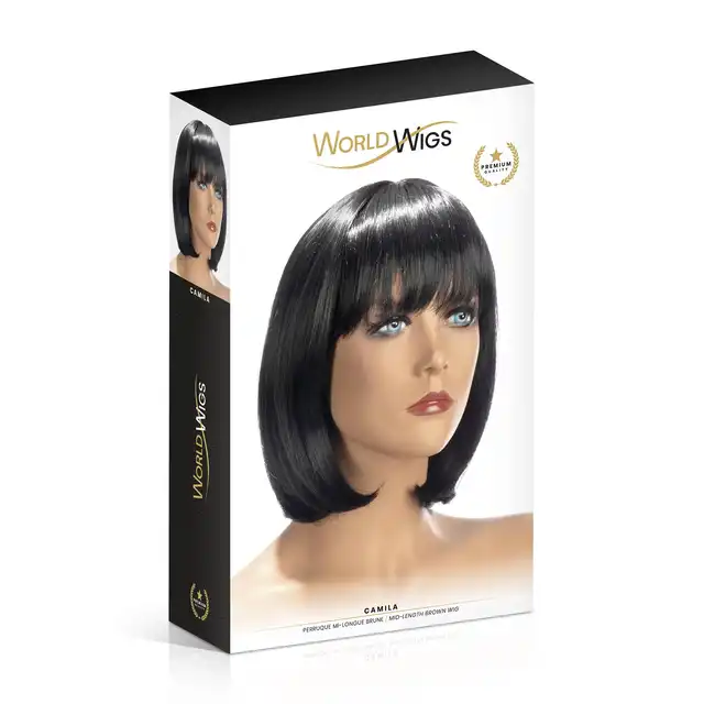 World Wigs - Camila ciemno brązowa peruka. Średniej długości proste włosy z grzywką.